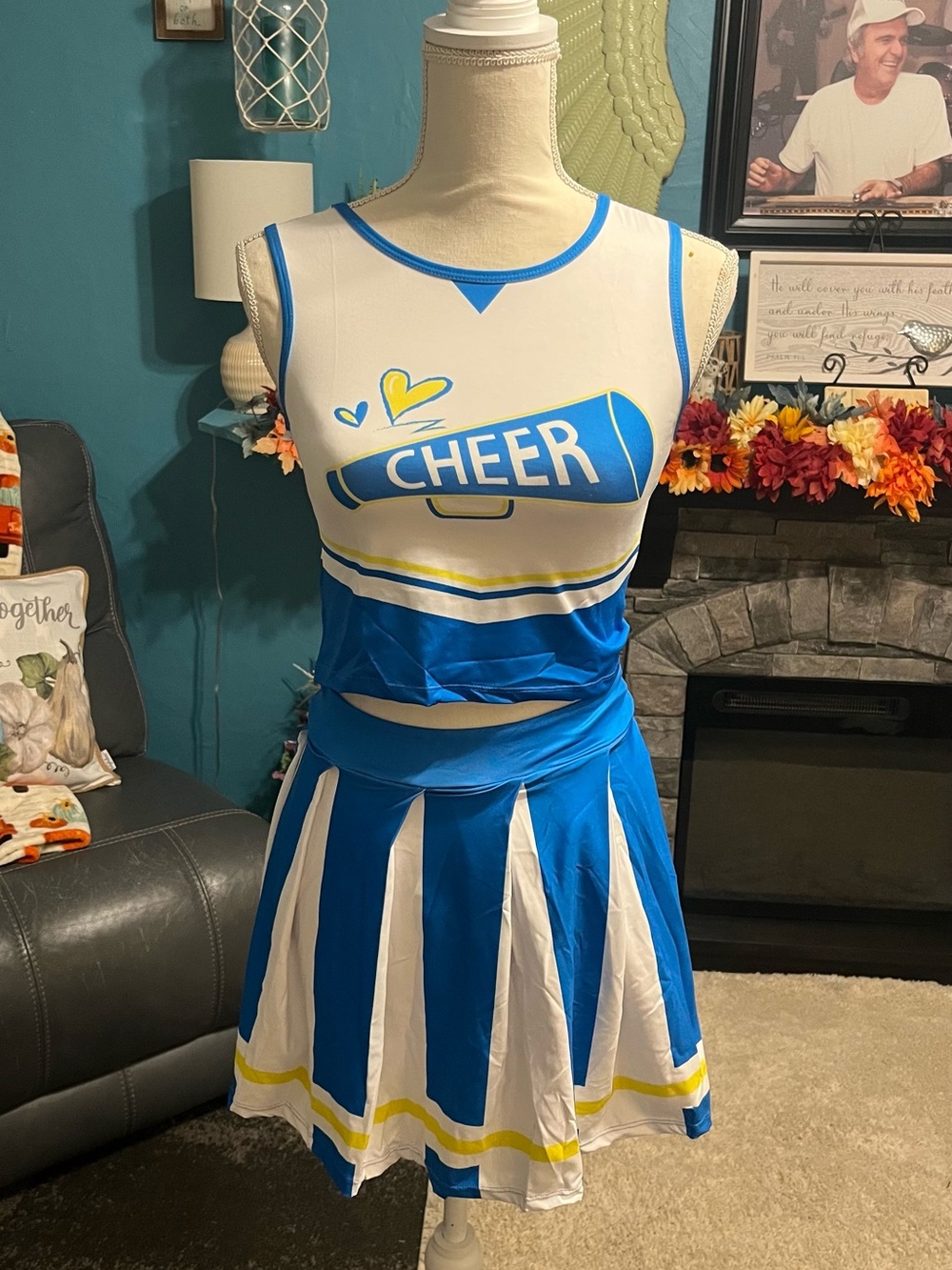 Blue & White Cheerleader Uniform Top and Skirt Halloween Costume